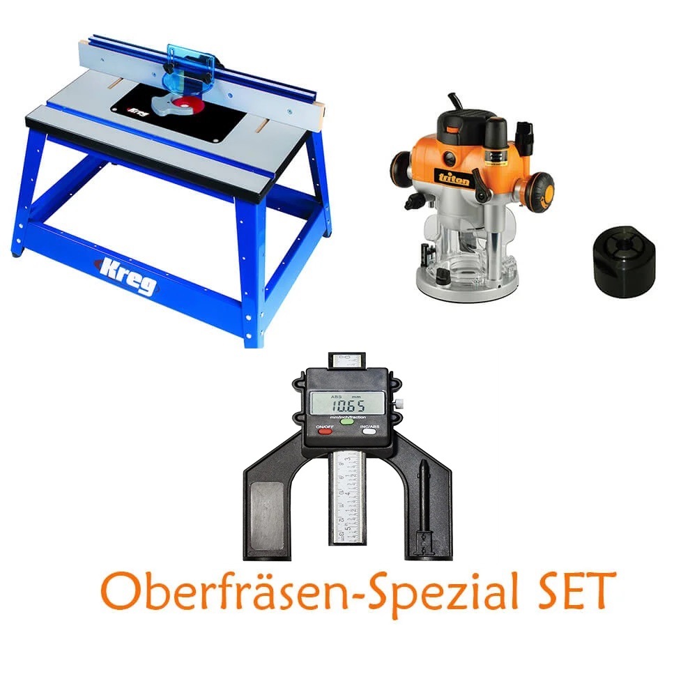 Triton Oberfräsen Set Spezial – Komplettset für präzises Fräsen mit Frästisch, Oberfräse & Tiefenmesser