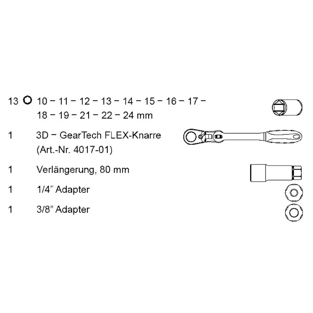 Projahn Durchschraubknarren-Koffer GearTech metrisch und zoll 6-kant 17-tlg – Bild 3