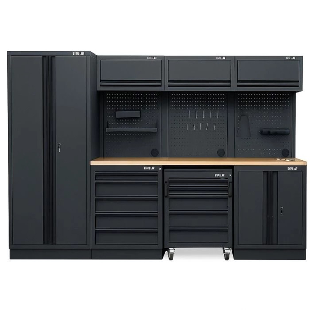PILLAR Modul-Werkstatteinrichtung mit Holz-Arbeitsplatte 61,5 cm Tiefe